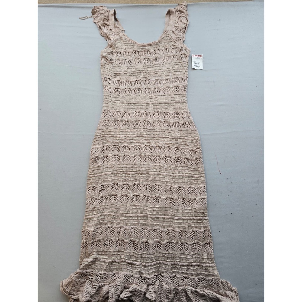 Freshman 1996 Tan Crochet Knit Ruffle Hem Midi Dress Large Sleeveless Sheath